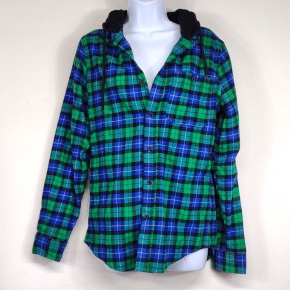Rue 21 Size Small Green & blue hooded button down flannel shirt - Picture 9 of 9